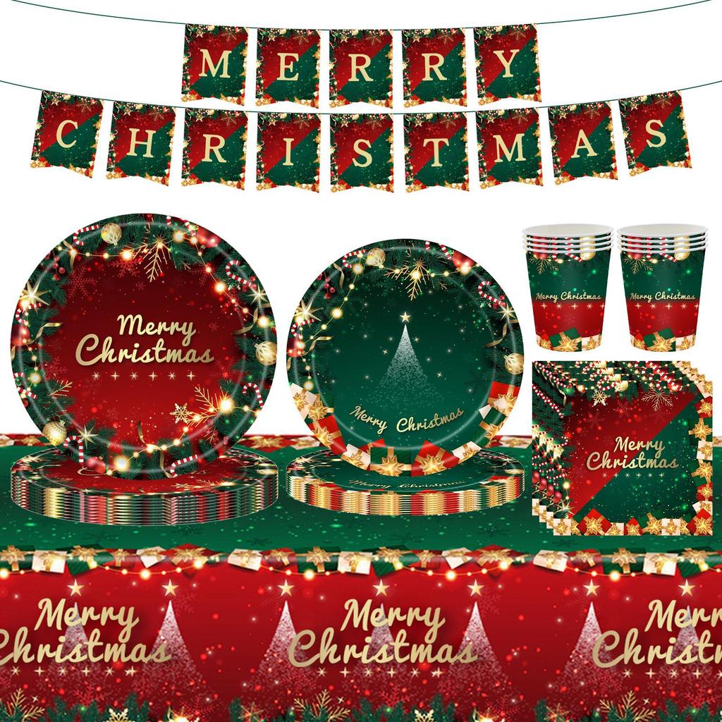 Classic Red And Green Color Scheme Christmas Themed Party Supplies Set Christmas Disposable Paper Plate Tableware Combination