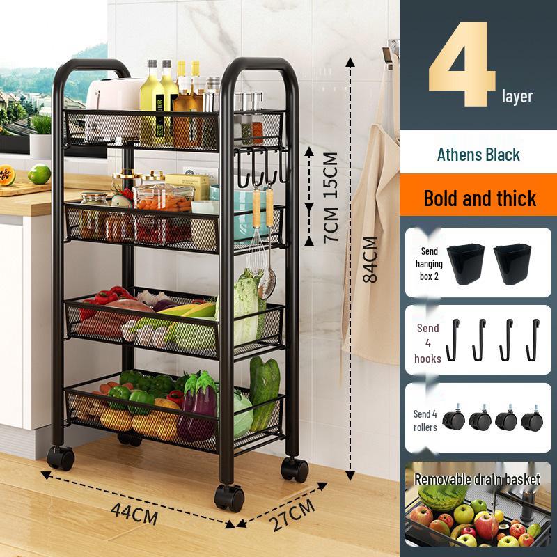 Multi-layer Movable Kitchen and Bathroom Storage Trolley and Vegetable Basket