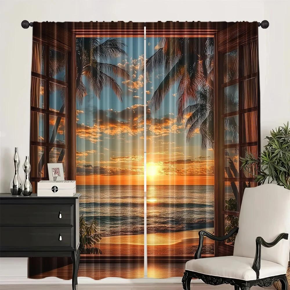 Set Of 2 Jit Scenic Palm Trees Window Curtain Drapes Polyester Living Room Decor Holiday Curtains Darkening Made Treatment