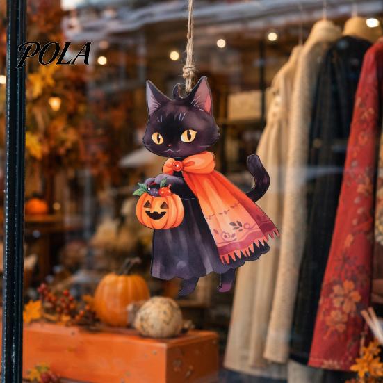 Vintage Wooden Witch Cat Pendant Halloween Hanging Ornament, Decorative Pendant, Black Wood Chips Cute Holiday Party Favors for Tree And Window Decor