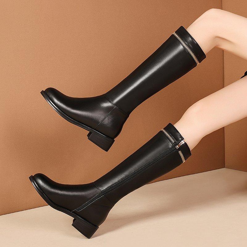 Krazing Pot Cow Leather Autumn Winter Shoes Thick Med Heels Big Size 45 Size 44 Zipper Decoration Women Keep Warm Knee Boots