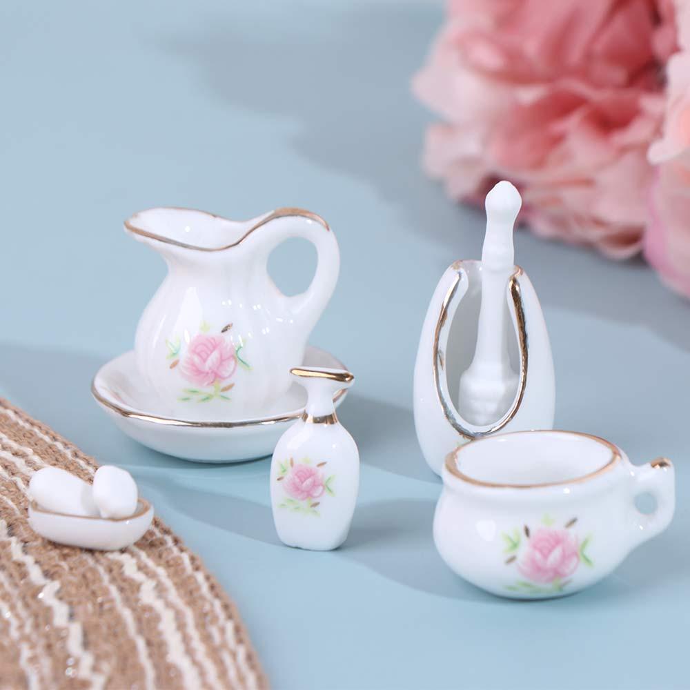Rose Floral Dollhouse Bathroom Porcelain Micro Scene Miniature Furniture Porcelain  Girls Gift