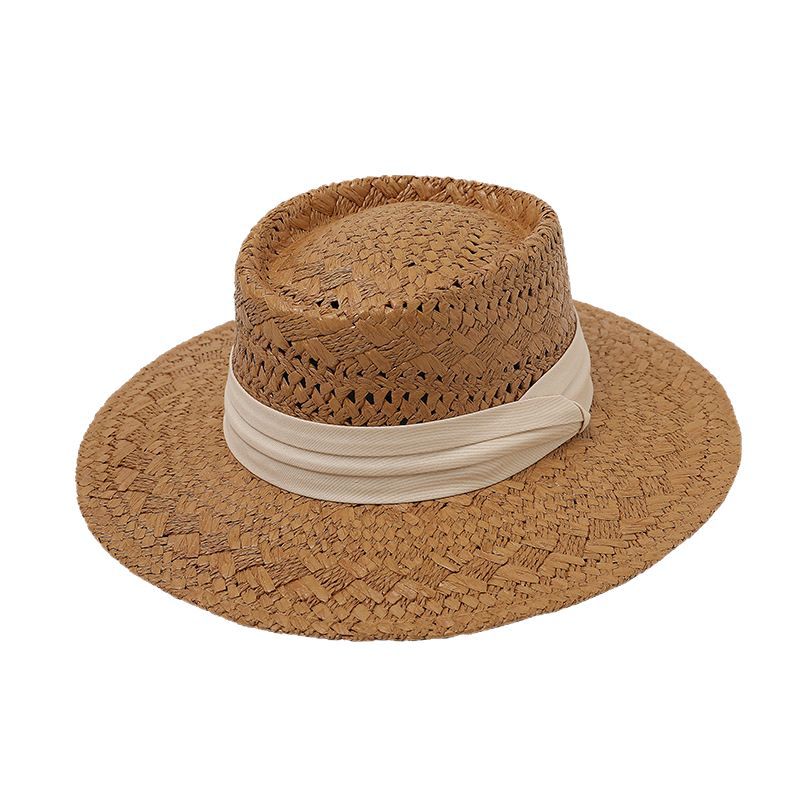 French Flat Top Elegant Retro Straw Hat Casual Women's Summer Hat Seaside Sunshade Sunscreen Woven Big Brim Beach Hat