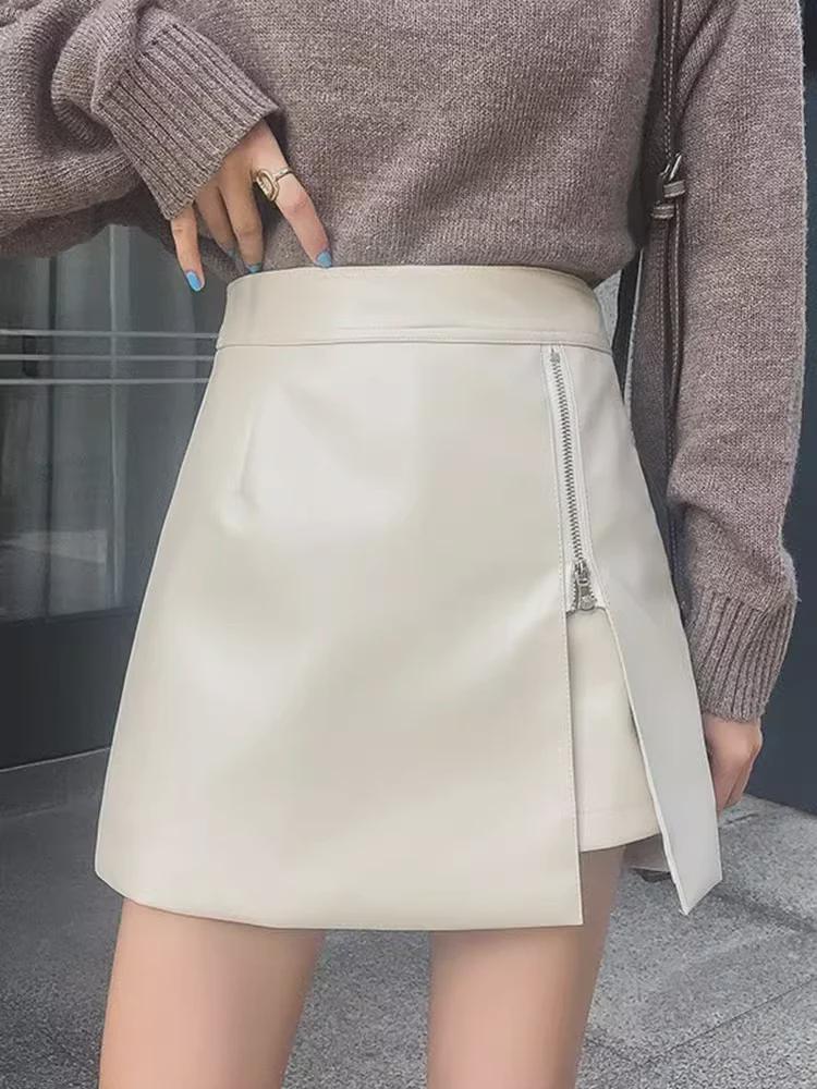 2023 Herbst/Winter Damen High-Waist PU-Leder Schlankheits Unregelmäßiger A-Linien-Rock - Koreanische Mode