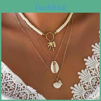 Stylish Summer Coconut Shell Beaded Necklace With Seashells And Soft Clay Charm Designs