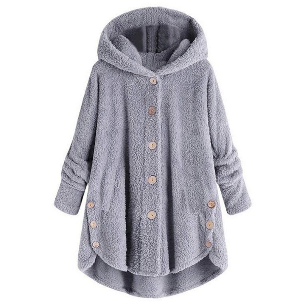 Women's Fashion Solid Color Button Hooded Plush Loose Casual Jacket