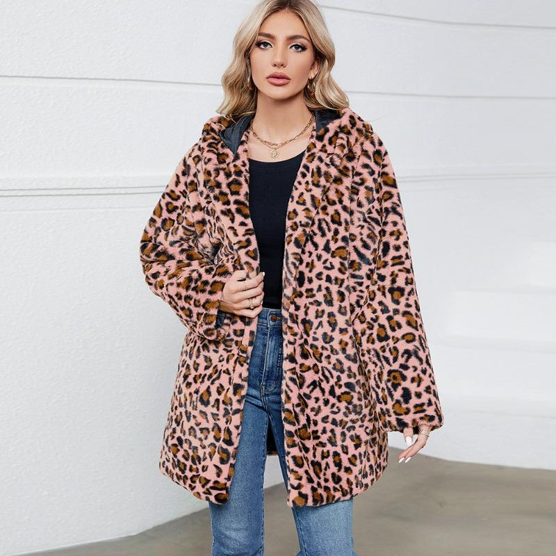00 Leopard print fur imitation fur hooded autumn and winter loose women's coat coat
