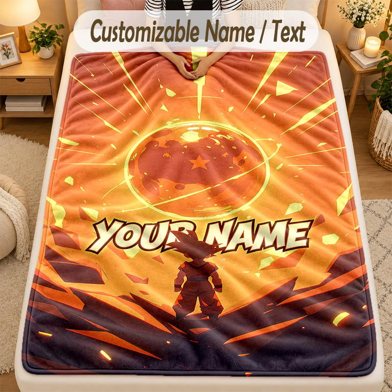 Flannel BlanketDragon Ball Custom Name Text Personalized Soft Warm Throw Blanket Home Decor Gift