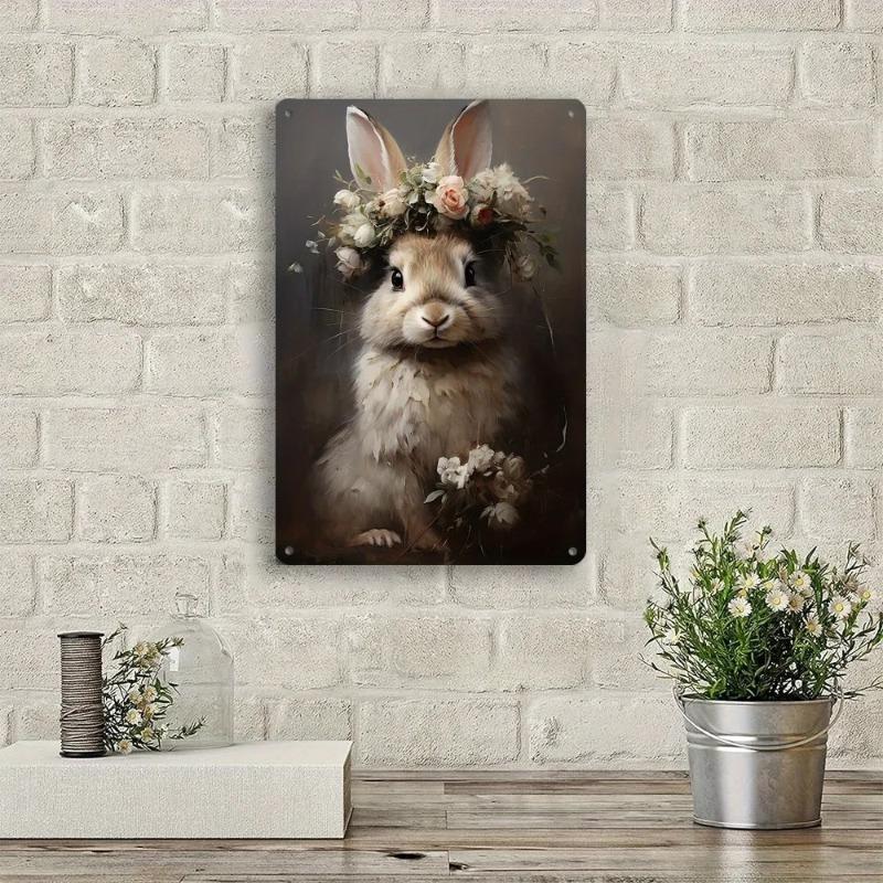 Vintage Rabbit Metal Wall Art Retro Floral Tin Sign Home Bar Decor Easter Bunny 12x8 Inch