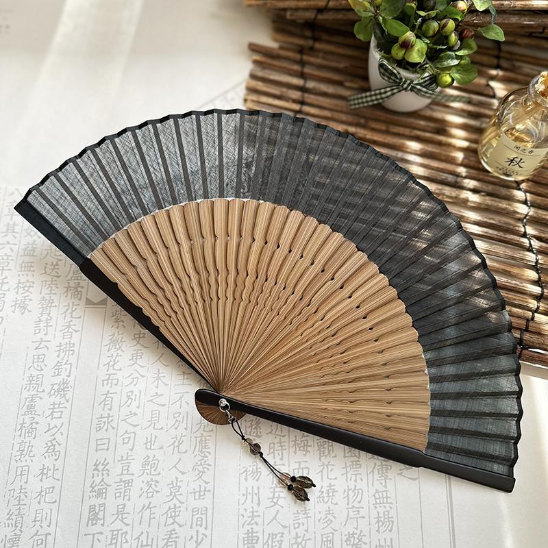 Folding Fan Women's Simple Blank Solid Elegant Retro Light Gray Green Light Coffee Dance Performance Props Hanfu Ancient Style