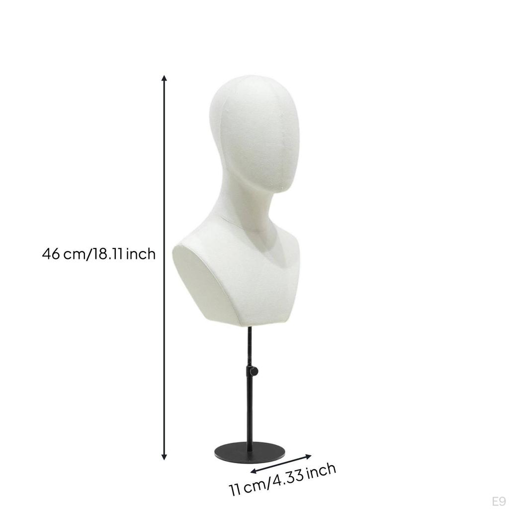 Mannequin Head with Shoulders textileCovered Freestanding Hairpiece Stand for