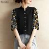 ZANZEA Women Floral Print Splice 3/4 Sleeve Loose Casual Blouse