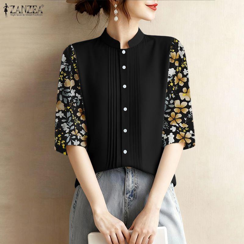 ZANZEA Women Floral Print Splice 3/4 Sleeve Loose Casual Blouse
