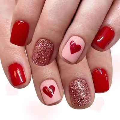 Non Toxic ABS Short Square Press On Nail 24PCS Red Glitters Ombres Heart Art Safe For Daily Use