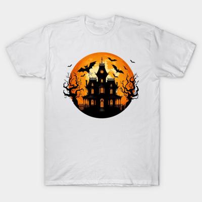 Asian Size Cotton Unisex Tshirt Print T-shirt Halloween Haunted House T-shirt No-Cut Print Regular Fit