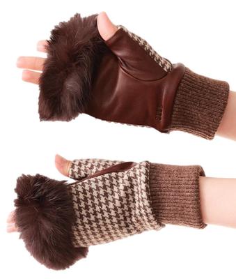 ELLE Fingerlose Lederhandschuhe AVOCA Tweed und Strick aus Schafsfell Rindsleder mit Fleece Wird mit Etui geliefert Damenhandschuhe, Niedlich, Pelzfutter, Stulpenhandschuhe, Futter, (Braun,