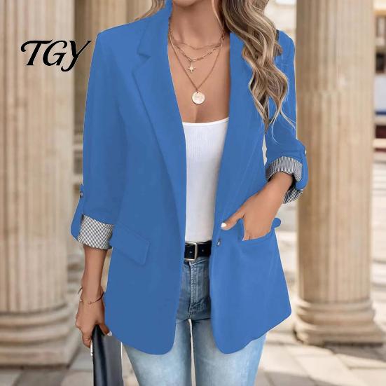 3/4 Sleeve Women Blazer Lapel Collar Blazer, Open Front Business Comfortable with Pockets Casual Suit Jacket, Office Work Short Button Jacket