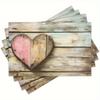 4er-Set Vintage Holzherz-Tischsets mit verwittertem blauem Holz Hintergrund & rosa Akzenten, Rustikale Tischsets