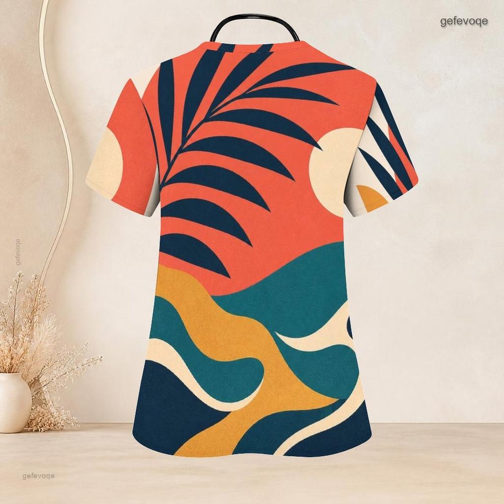 Women Plus Size V Neck Short Sleeve Tropical Print Nurse Scrub Top With Front Pockets