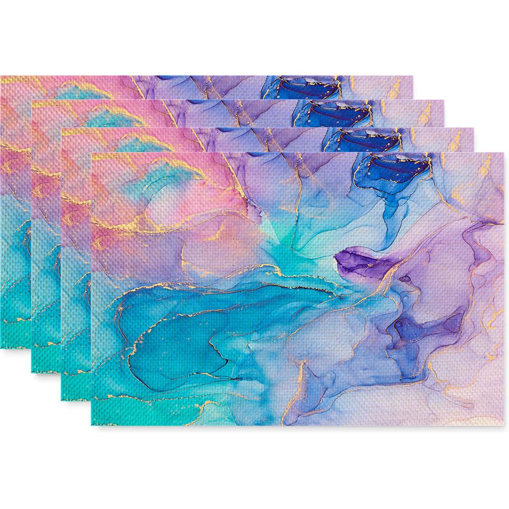 Anti Fouling and Heat-insulating Table Mat 4PC Placemat Watercolor Marble Printed Fabric Linen Placemat  Western Style Placemat