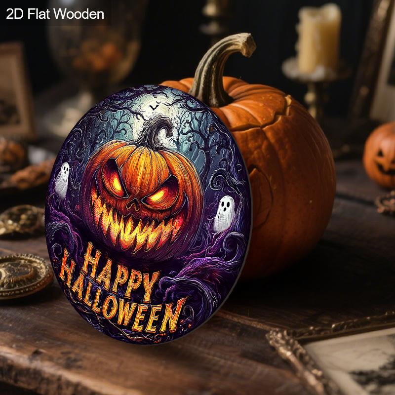 Happy Halloween Wooden Sign with Terrifying Pumpkin Pattern - Unique Figurine Ornaments - Ideal for Front Door, Farm, Porch Decor