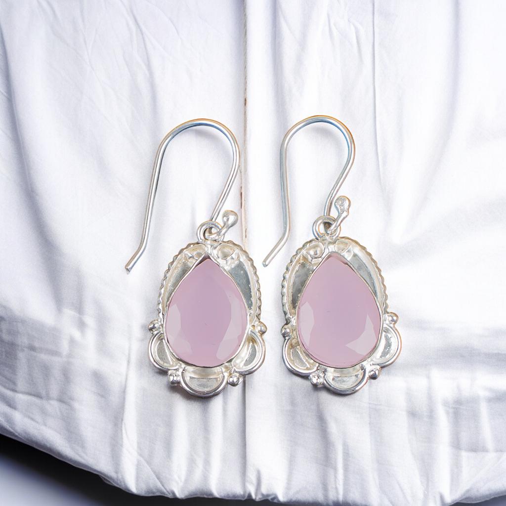 Rose Calcedony Gemstone 925 Sterling Silver Trendy Jewelry Earrings For Wedding EE-41-15