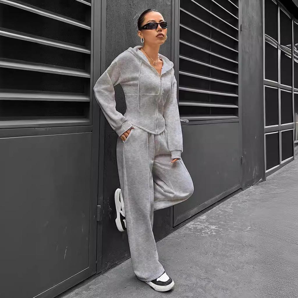 Women's Light Gray Hooded Sweatshirt and Jogger Set, 6-Color Lounge Two-Piece Outfit