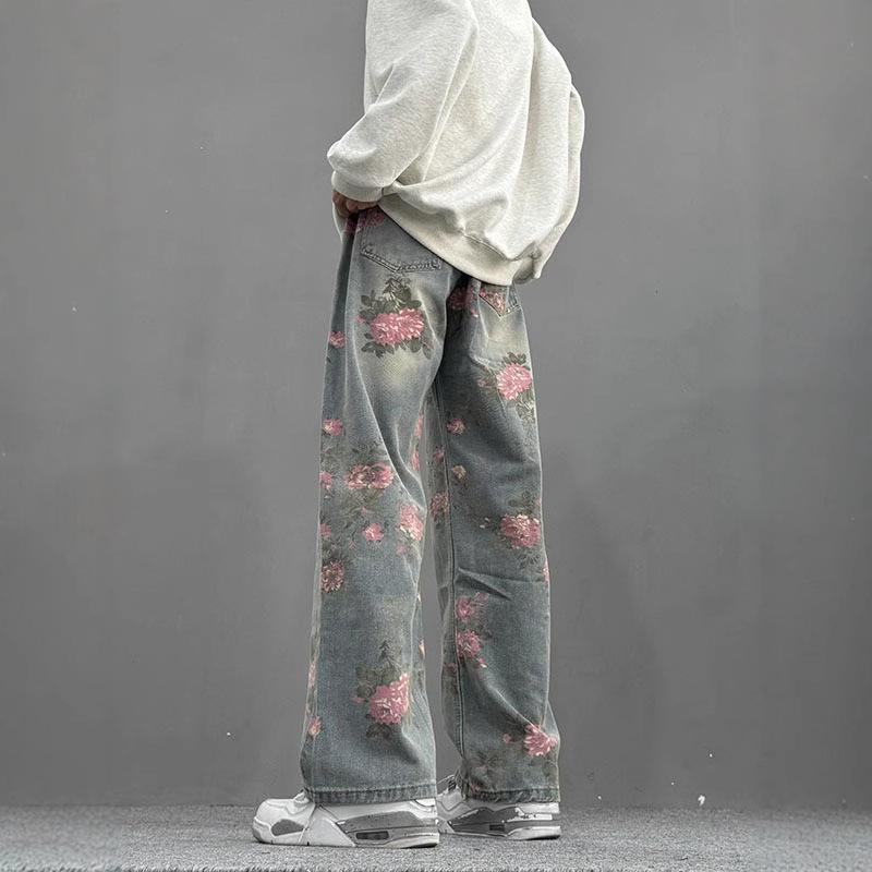 JYL Unisex Flower Jeans Vintage Lazy Vibe Loose Straight Floor-Length Denim