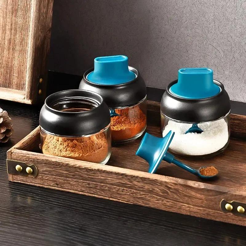 Kitchen Glass Spices Bottles Glass Sugar Salt Honey Storage Jar 280ml Seasoning Storage Box with Brush Spoon Lid Accessories 1Pc