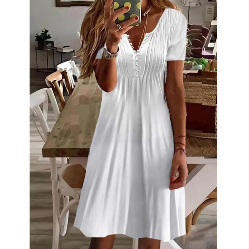 QICED Fashion Summer Spring  Short Sleeve V-Neck Casual Dresses