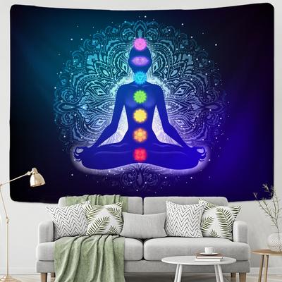 Statua Buddy Medytacja 7 Czakr Gobelin Wiszący na Ścianę Psychedeliczny Kryształowe Niebo Tło Dywan do Jogi Boho Dekor
