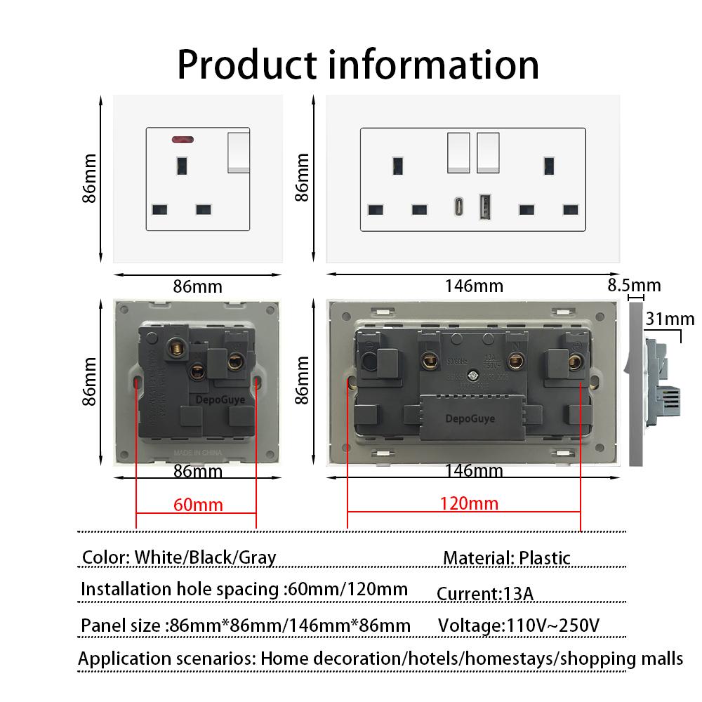 UK 13A Wall Socket with USB Type C 18W Quick Charge Power Outlet,Universal Electrical  Wall Light Switch Dual 3-pin Socket 220V