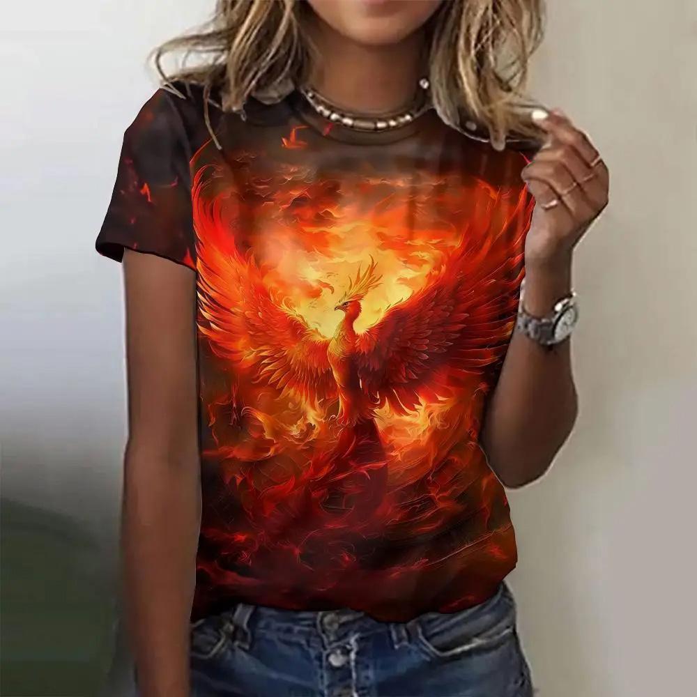 

Летняя женская футболка с модным узором «Феникс», топ с короткими рукавами, свободный топ с круглым вырезом, женская футболка для вечеринок XS