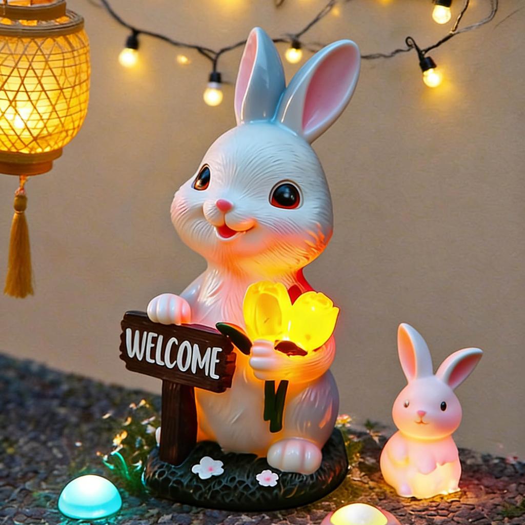 Solar Garden Outdoor Bunnies Statue with LED Light Bunnies Figurines Decors for Patios,Yard Lawn Ornament Gardening Gift