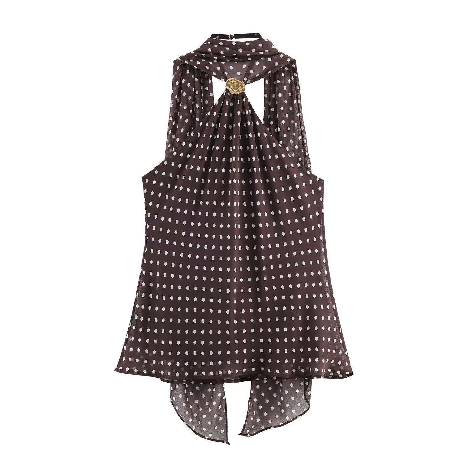 European Spring Polka Dot Halter Neck Top for Women Extra Small