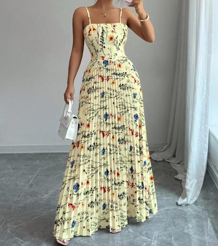 Elegant Floral Print Spaghetti Strap Long Dress - Summer Women's Fashion 2026
