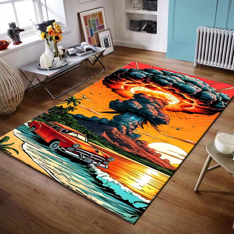 "Retro Car with Explosive Sunset Scene Non-slip rug suitable for living room and bedroom sofas"