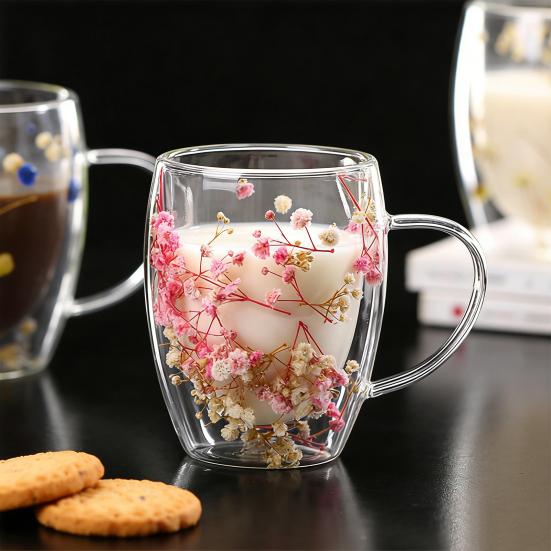 1/2Pcs 350ML Dries Flower Double Wall Mug Insulated Coffee Cup with Handle Espresso Latte Cappuccino Milk Juice Tea Water Drinking Cup