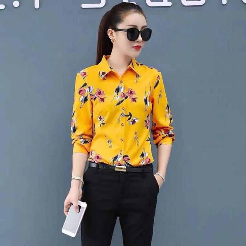 2025 Women's Long Sleeve Rose Print Chiffon Blouse - National Style Plus Size Fashion Top