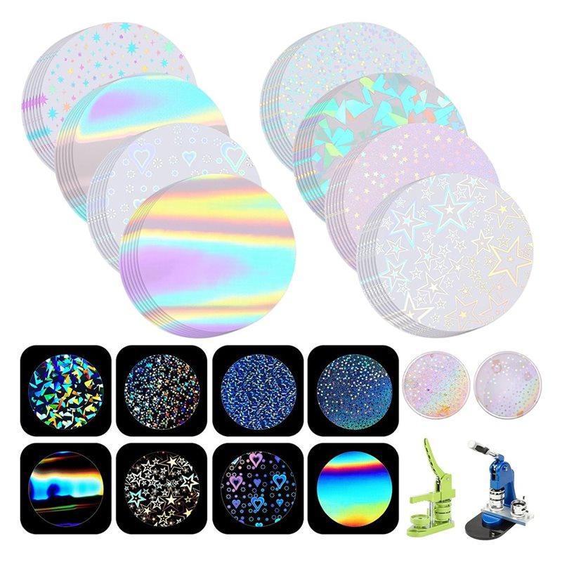 ABBP-200 Pcs Badge Protective Film 44Mm (1.77 In), 8 Styles Of Holographic Glitter, Badge Film For 1.25 Inch 32Mm Button
