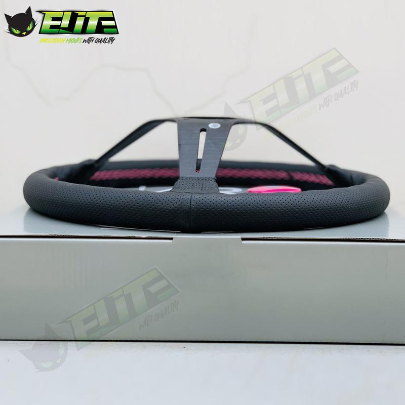 JDM Univerzální 14palcový kožený volant Modifikovaný sportovní volant pro auto Růžové prošívání