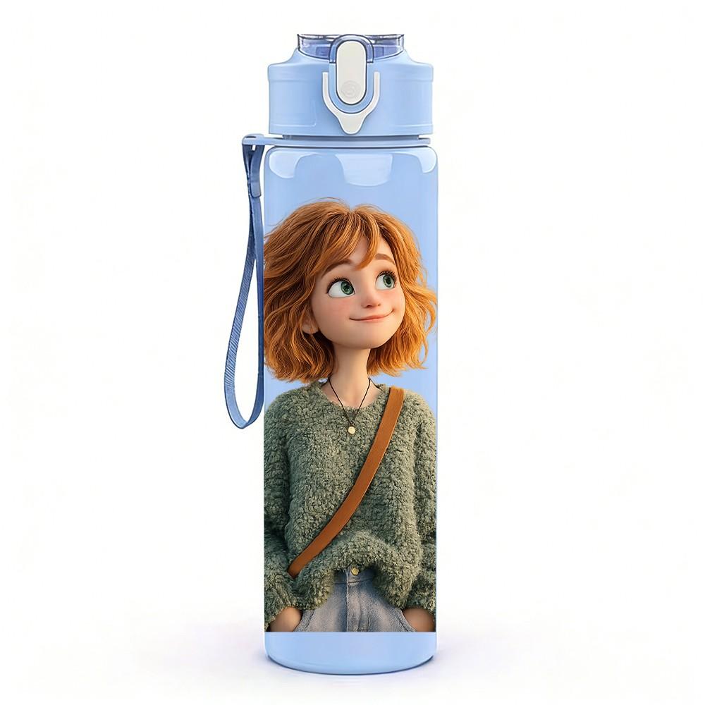 1PC Short Hair Girl In Green Coat Print 750ml Color Plastic Sports Water Bottle Leakproof Flip Straw Lid Suitable for Sports Office Home Use