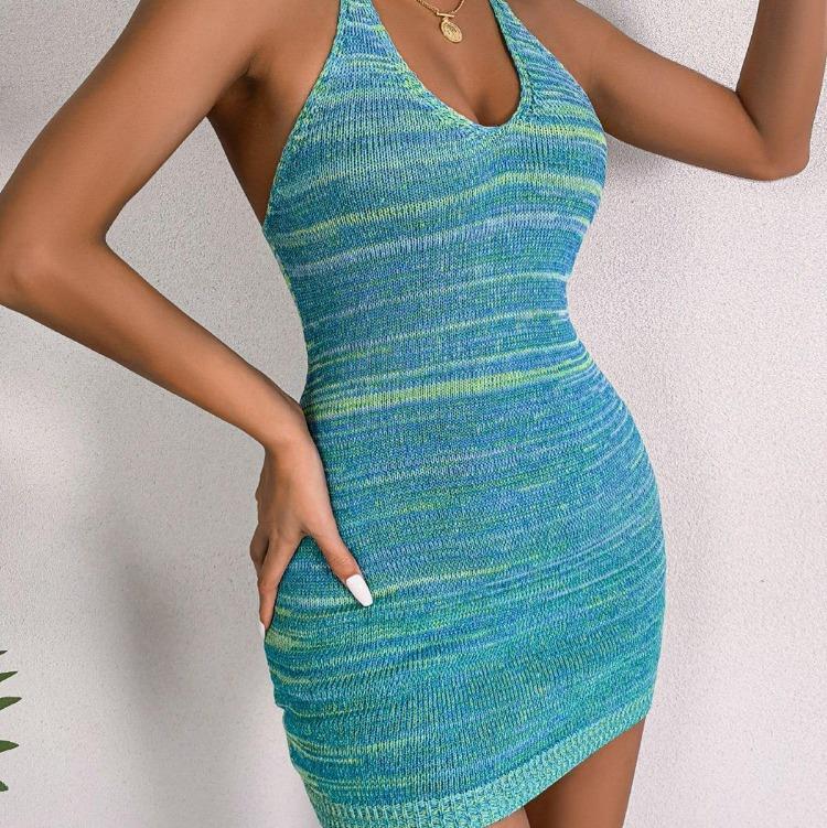Knit Striped Backless Colorful Dress Women Casual Summer Holiday Package Hip S-L