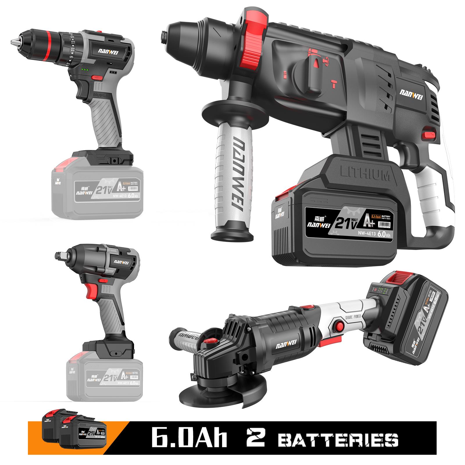 

NANWEI 3/4 шт. электроинструмент, аккумуляторная электрическая дрель/гаечный ключ 380N/электрический молоток/125 мм, угловая шлифовальная машина, наборы электрических инструментов 6.0ah