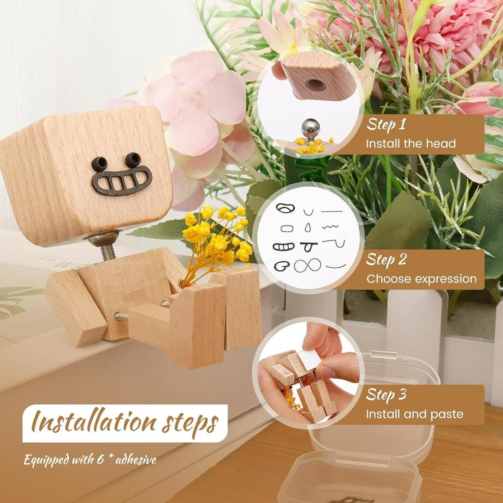Shaking Wooden Man Figurine,Shaking Feet Wooden Doll with 24Pcs Expressions for Dashboard Decorations,Car Dashboard Figurines Charming Little Wood