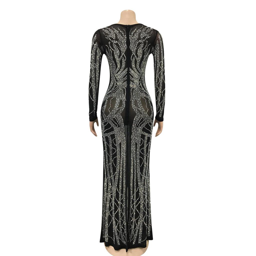 X5002 Sexy Rhinestone Inlaid See-through Mesh Long Dress for Nightclubs