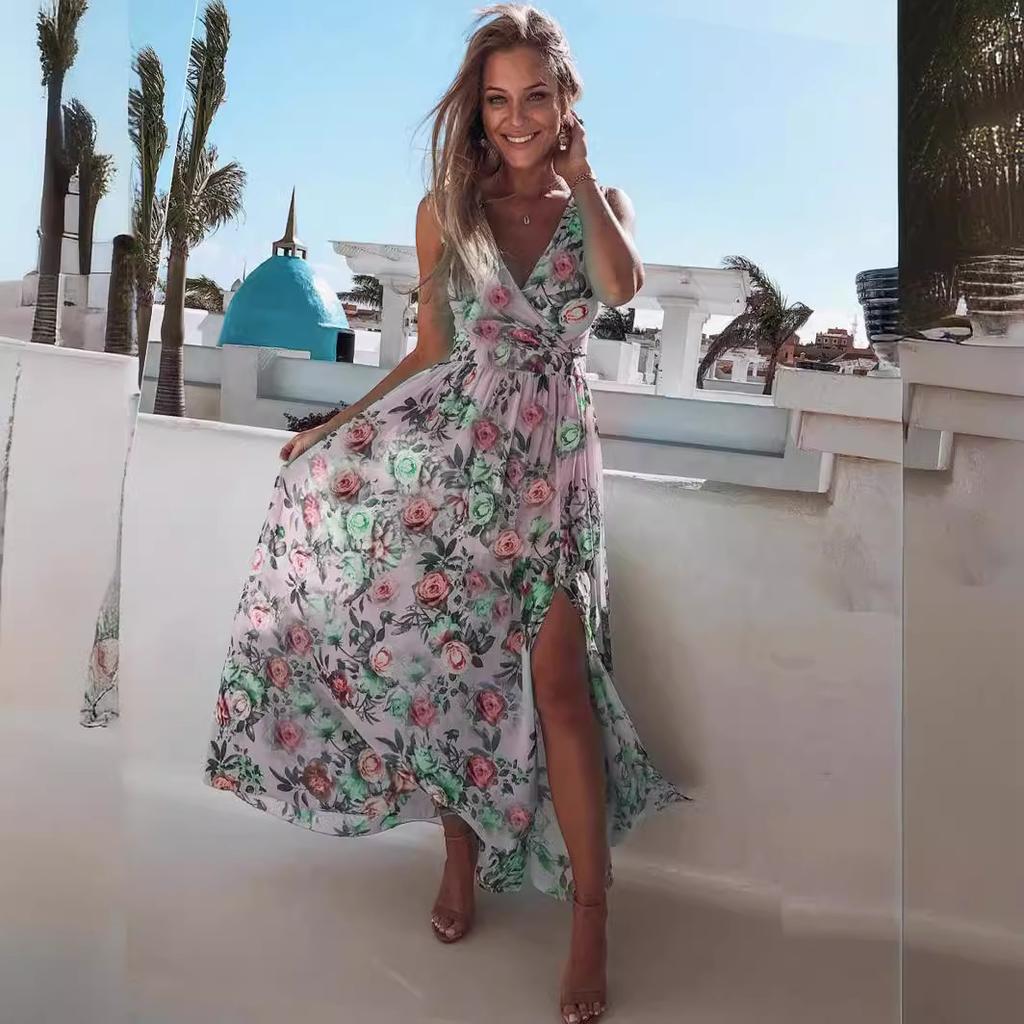 Γυναικείο φόρεμα Boho με φλοράλ στάμπα μακριά φούστα με βαθιά V λαιμόκοψη Summer Beach Party Sundress Αμάνικο μακρύ φόρεμα