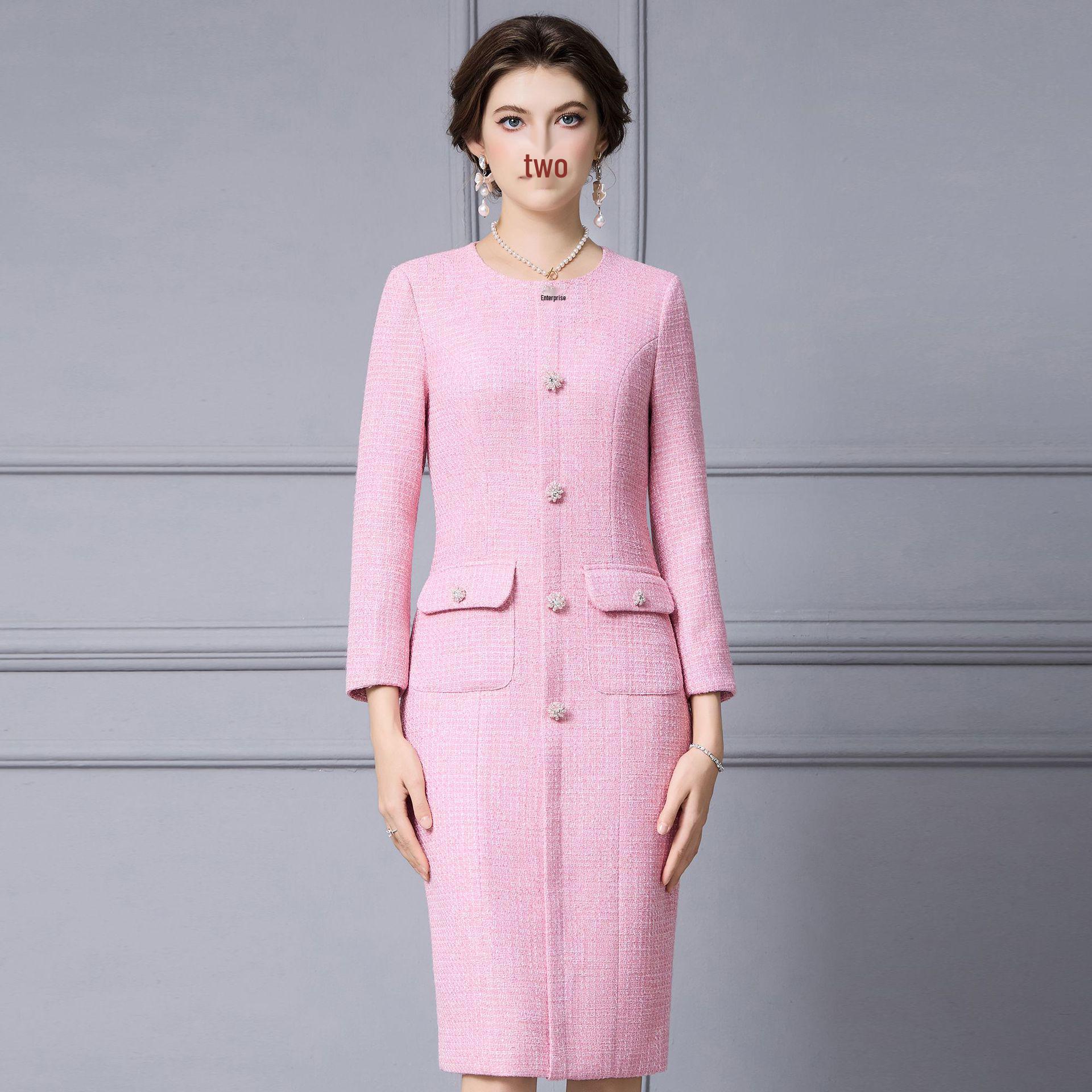 Zhi Li Elegant Spring 2026 Woolen Long Sleeve Slim Fit Dress 2XL розовый