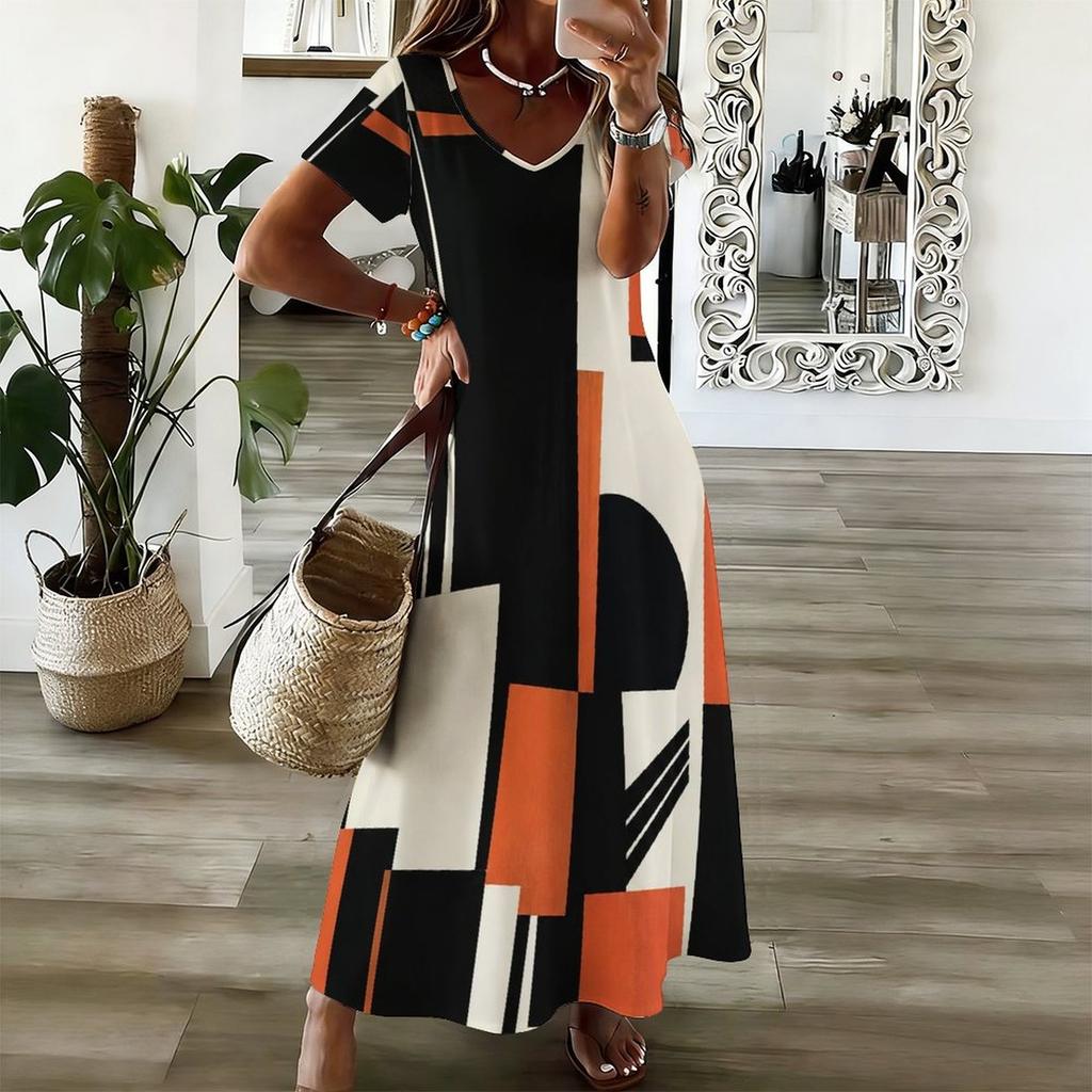 Women Plus Size V Neck Short Sleeve Geometric Printed Straight Maxi Dress