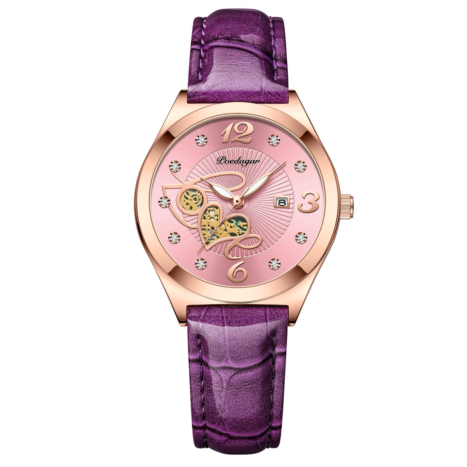 

POEDAGAR Fashion Quartz Watch Female Luxury Elegant Casual Clock Waterproof Luminous Date Leather Women Watch gift рожевий колір золота/рожевий